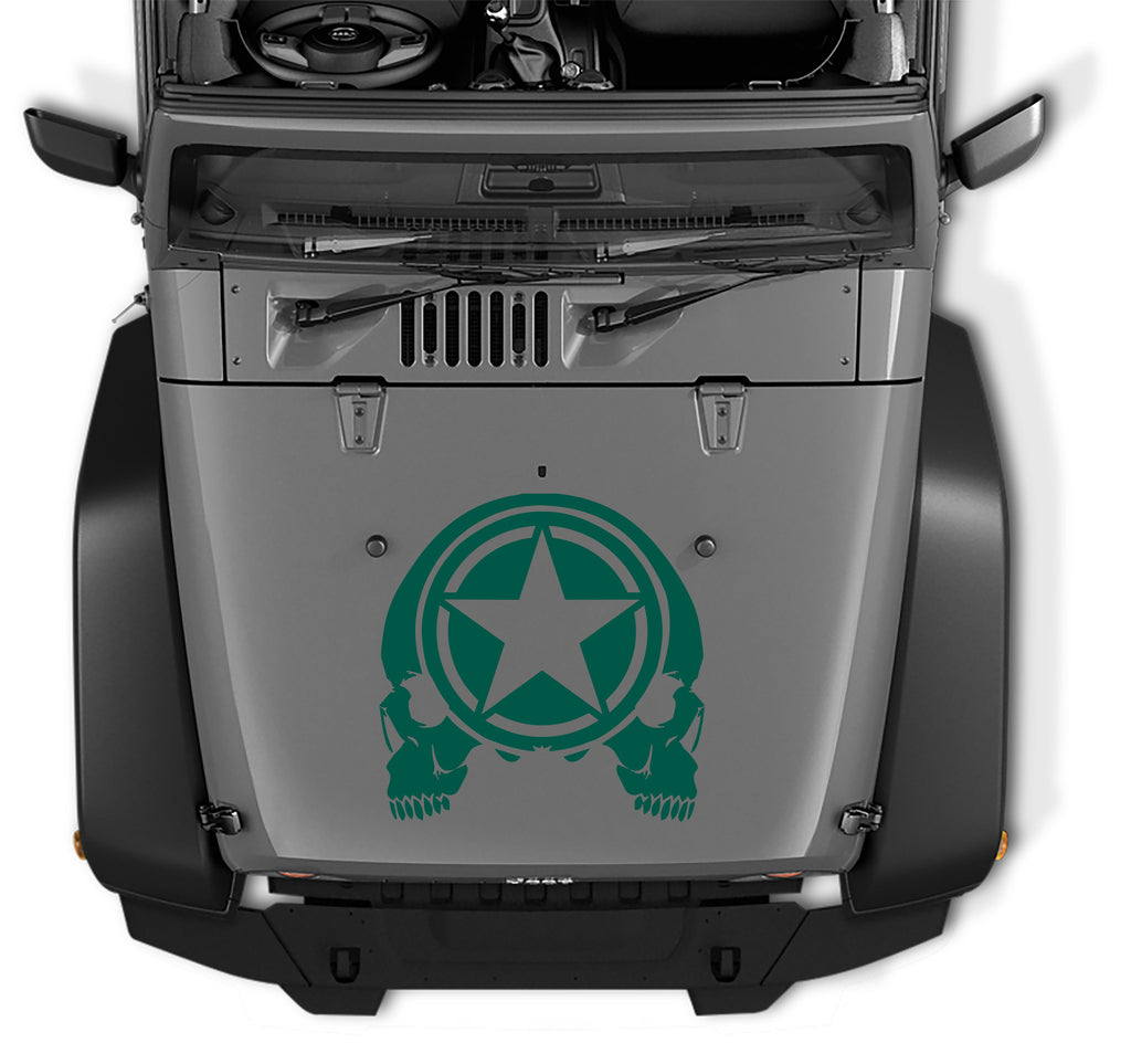 Forest green Oscar Mike military star with skulls hood decal on gray Jeep Wrangler JK hood