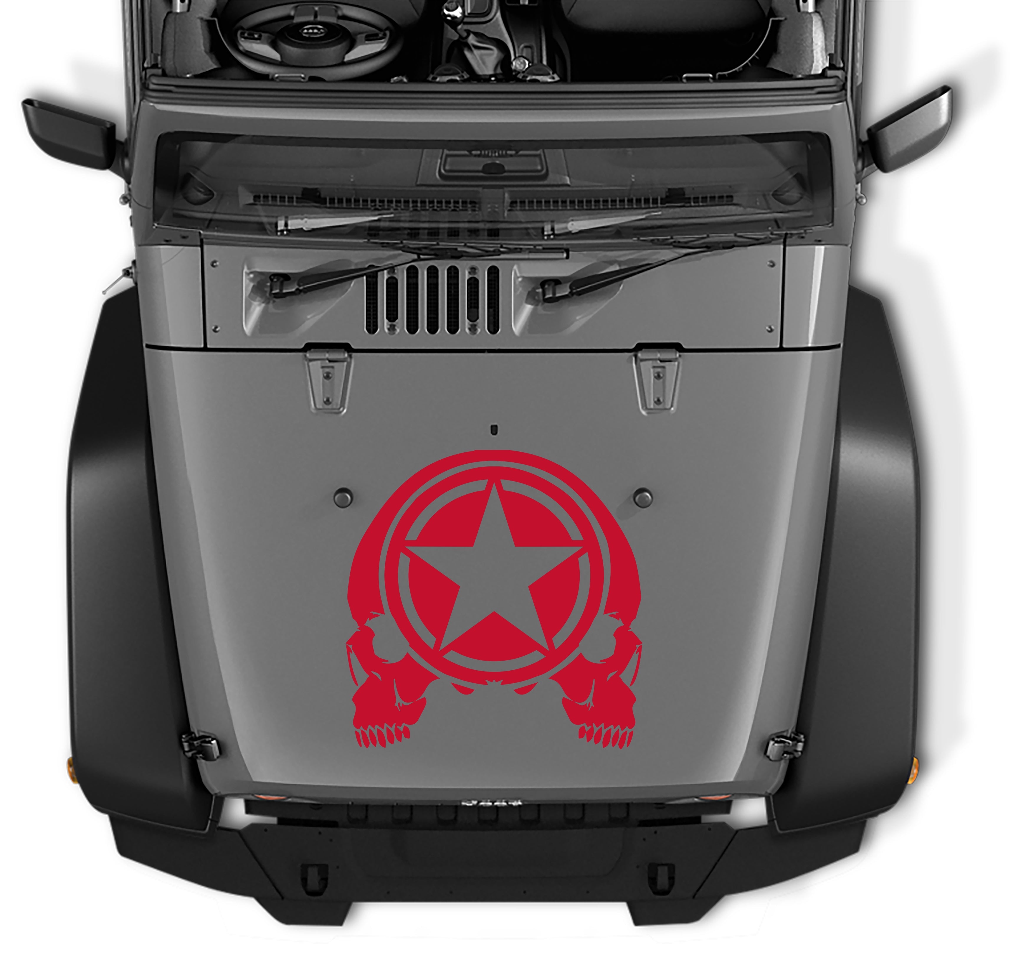 Red Oscar Mike military star with skulls hood decal applied to gray Jeep Wrangler JK hood