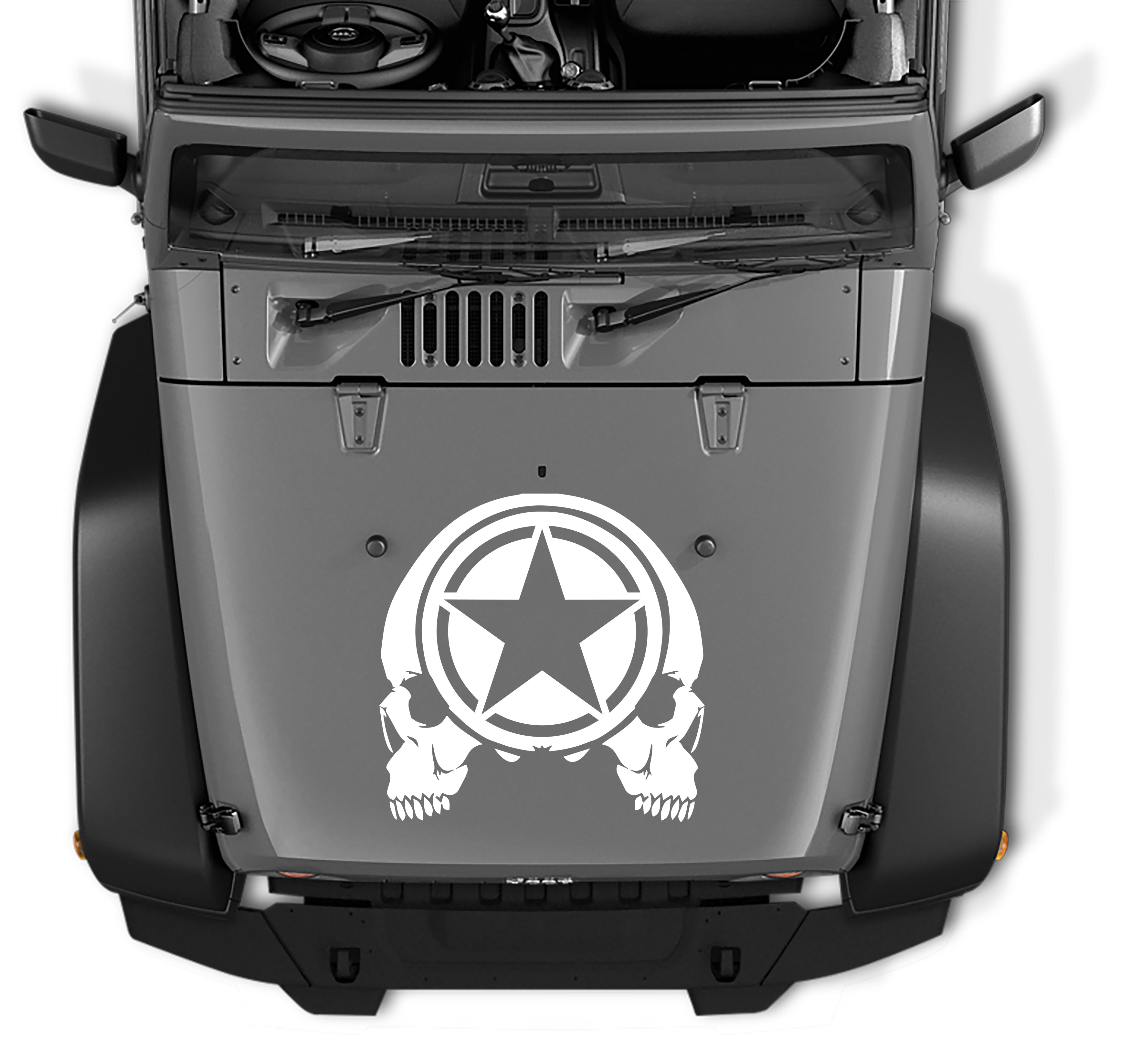White Oscar Mike military star with skulls hood decal applied to gray Jeep Wrangler JK hood