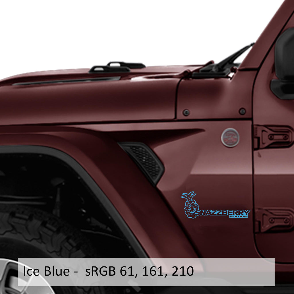 Snazzberry Edition ice blue pineapple fender decal applied to burgundy Jeep Wrangler JL