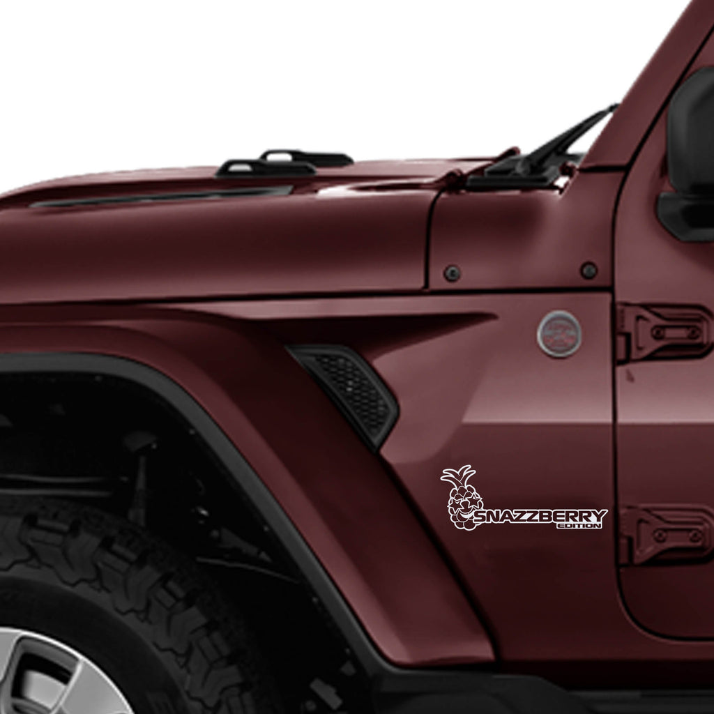 White Snazzberry Edition fender vinyl decal pair with raspberry star graphic shown on backing