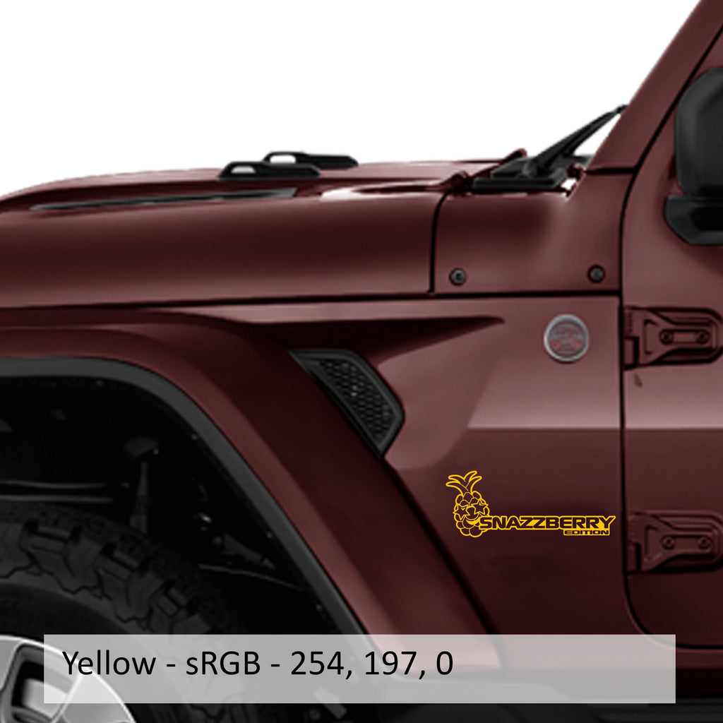 Yellow Snazzberry Edition fender vinyl decal pair with raspberry star graphic shown on backing
