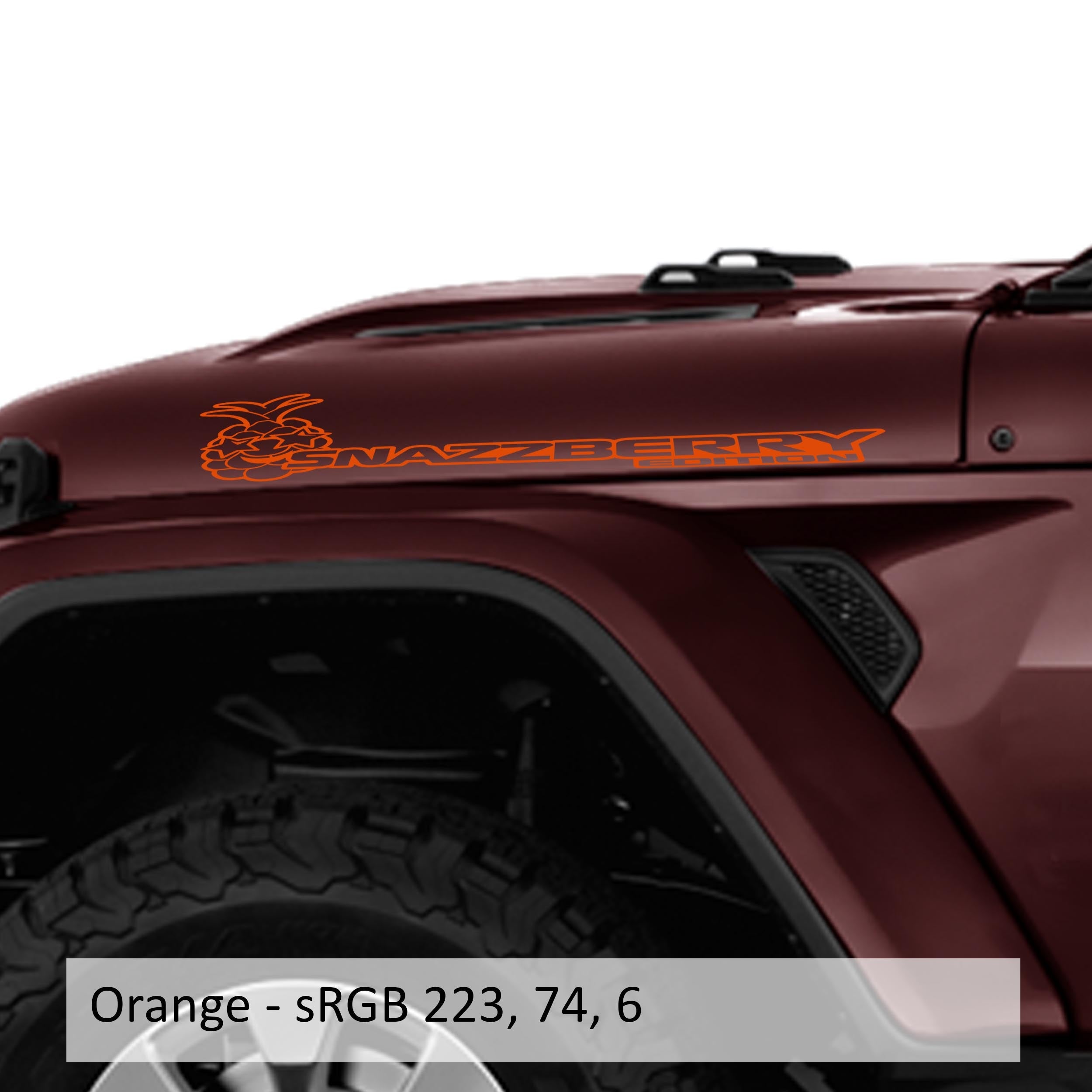 Orange Snazzberry Edition pineapple side hood decal swatch on burgundy Wrangler JL