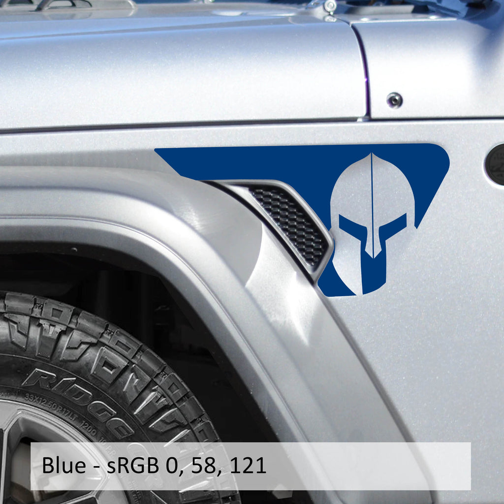 Blue Spartan helmet vinyl decal installed on Jeep Wrangler JL factory billet fender vent