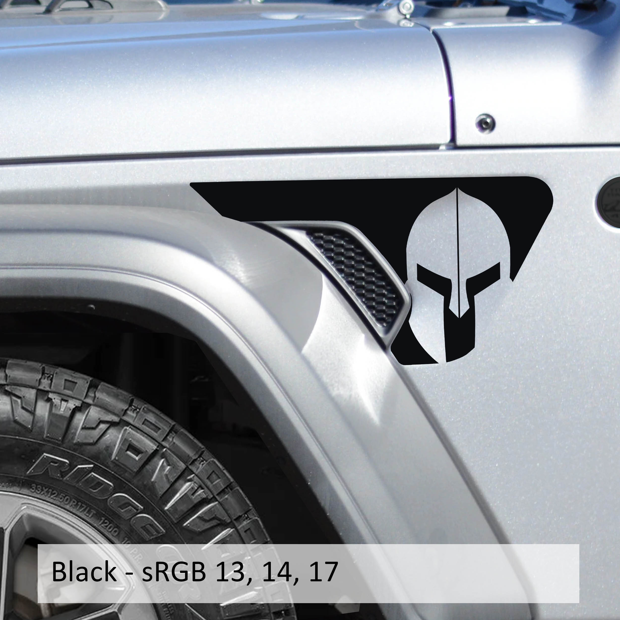 Black Spartan helmet decal applied to factory billet style fender vent on Jeep Wrangler JL
