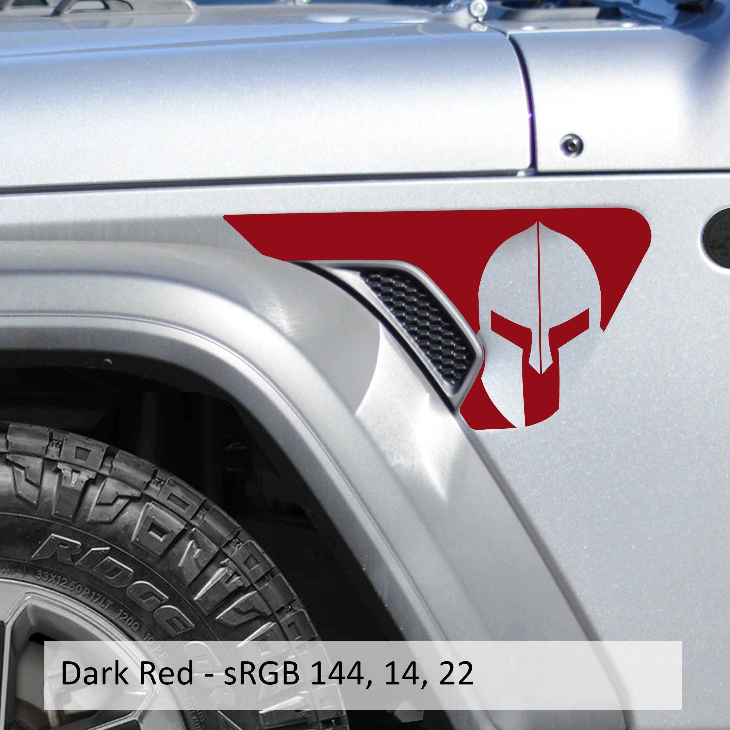 Dark red Spartan helmet decal shown on Jeep Wrangler JL factory billet style fender vent