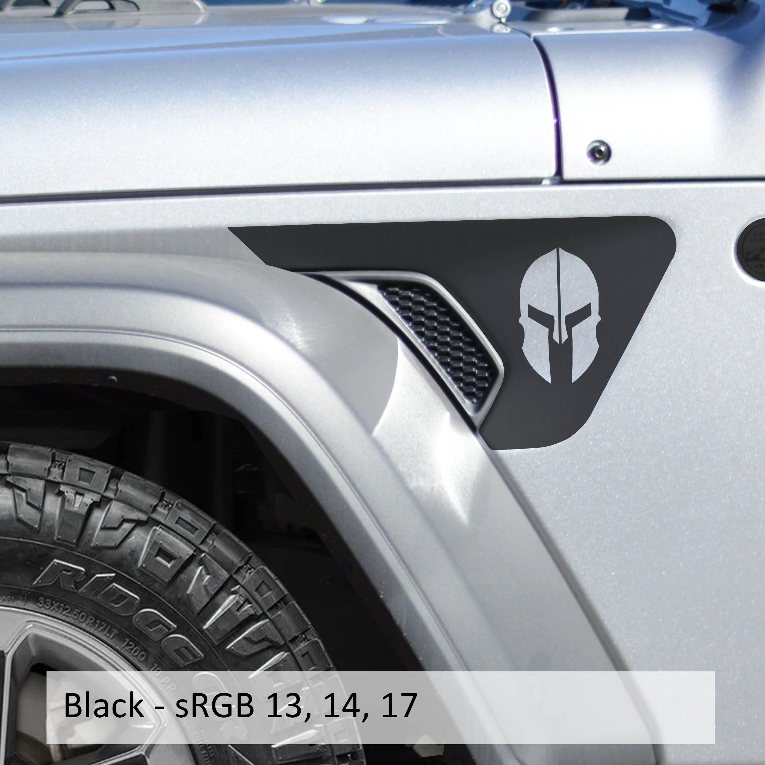 Black Spartan helmet v2 fender vent decal pair shown flat for Wrangler JL JLU and Gladiator JT