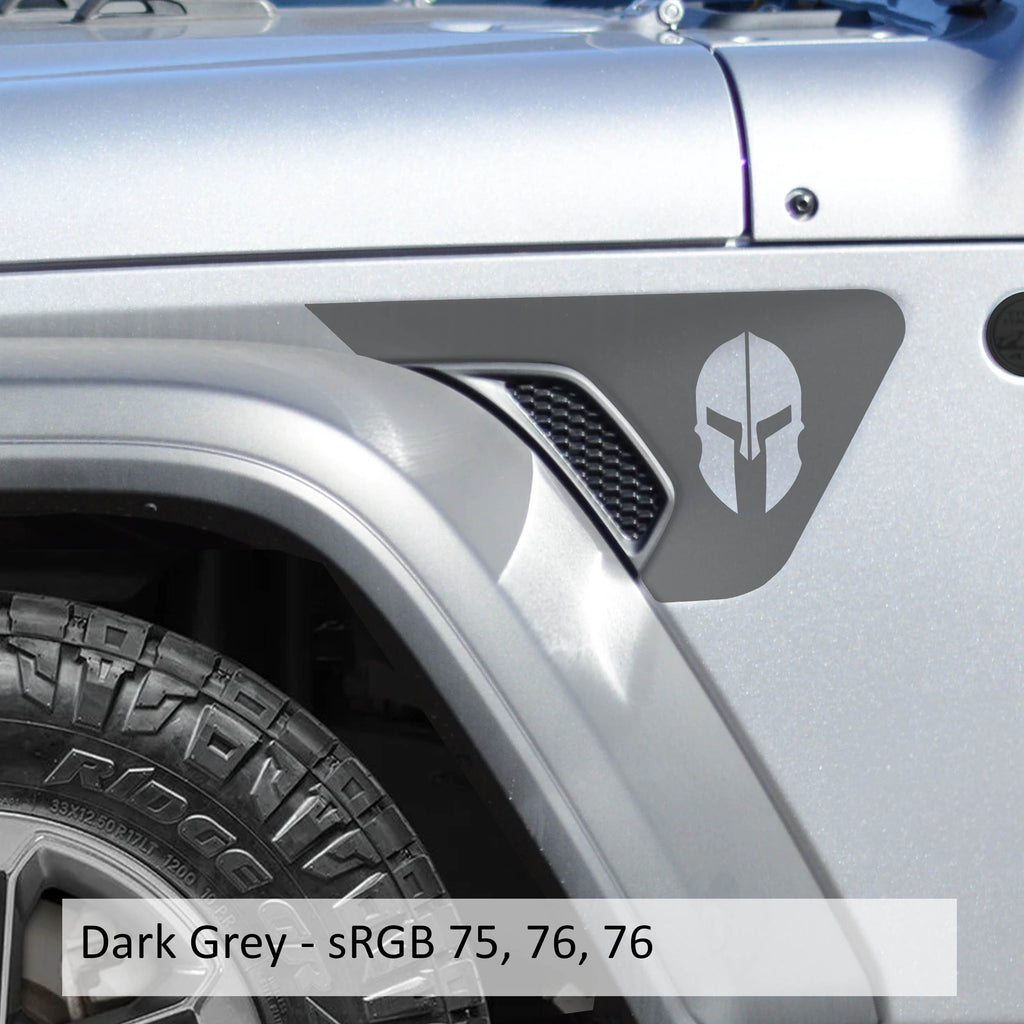Dark gray Spartan helmet v2 fender vent decal pair shown flat for Wrangler JL JLU and Gladiator JT