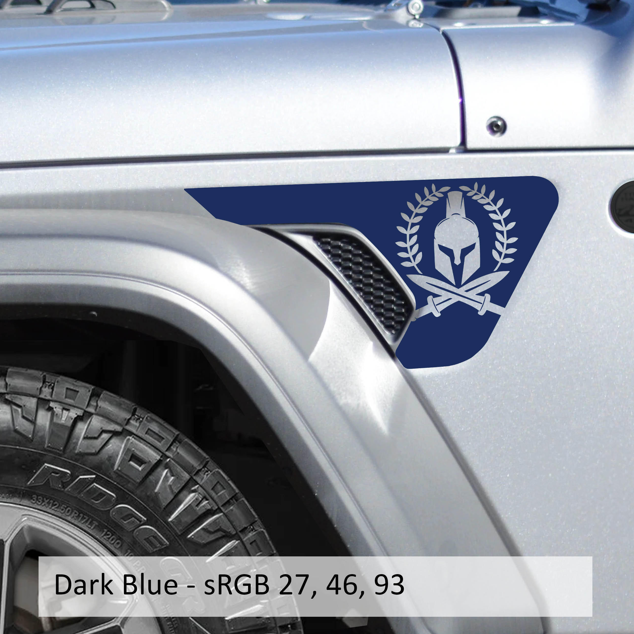 Dark blue Spartan laurel wreath vinyl decal installed on Jeep Wrangler JL factory billet fender vent