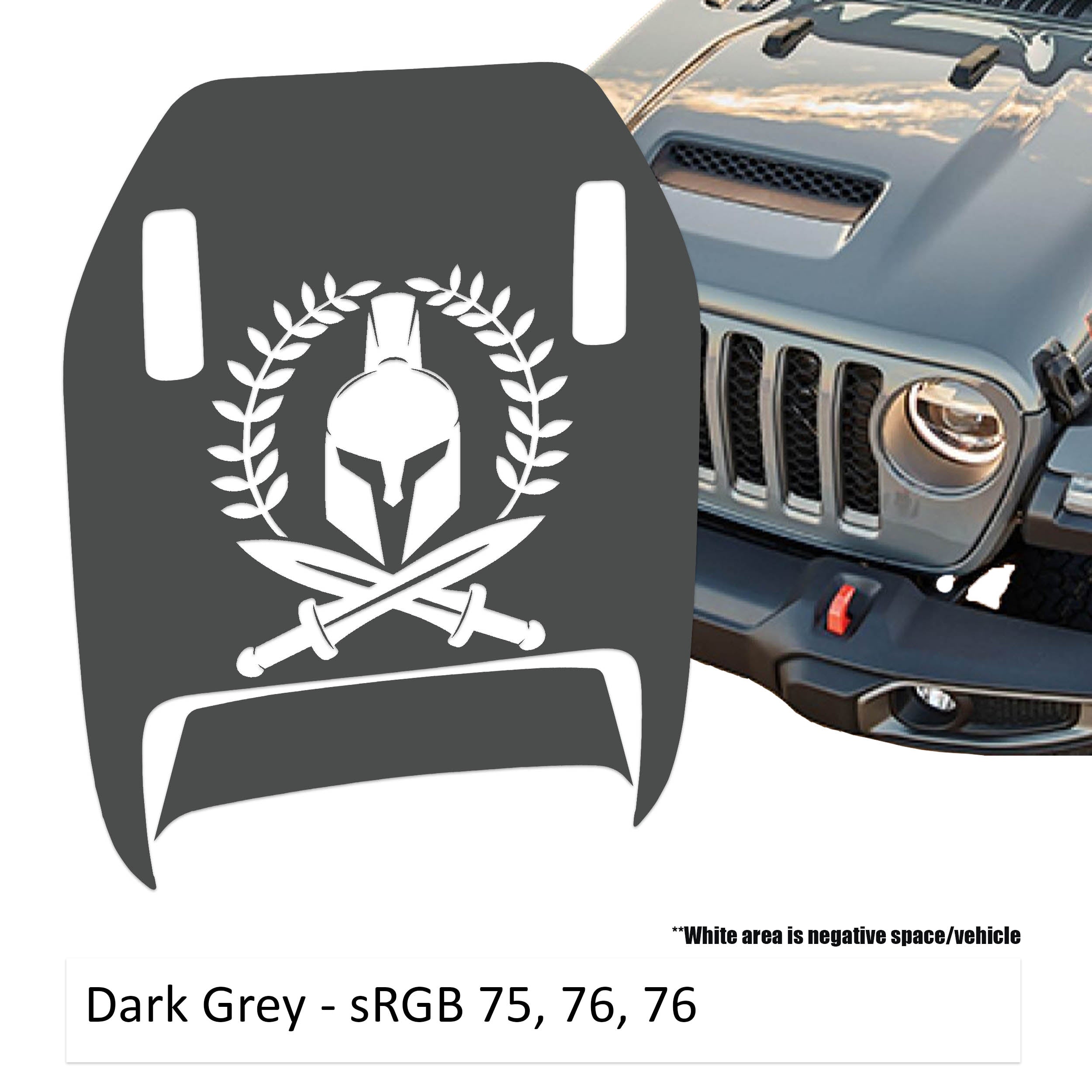Dark gray Spartan Wreath Clawed Foot JL JT Mojave hood decal on Jeep Wrangler hood