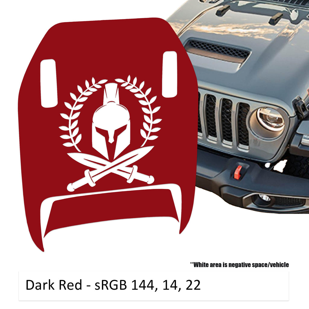 Dark red Spartan Wreath Clawed Foot JL JT Mojave hood decal shown on Jeep Wrangler hood