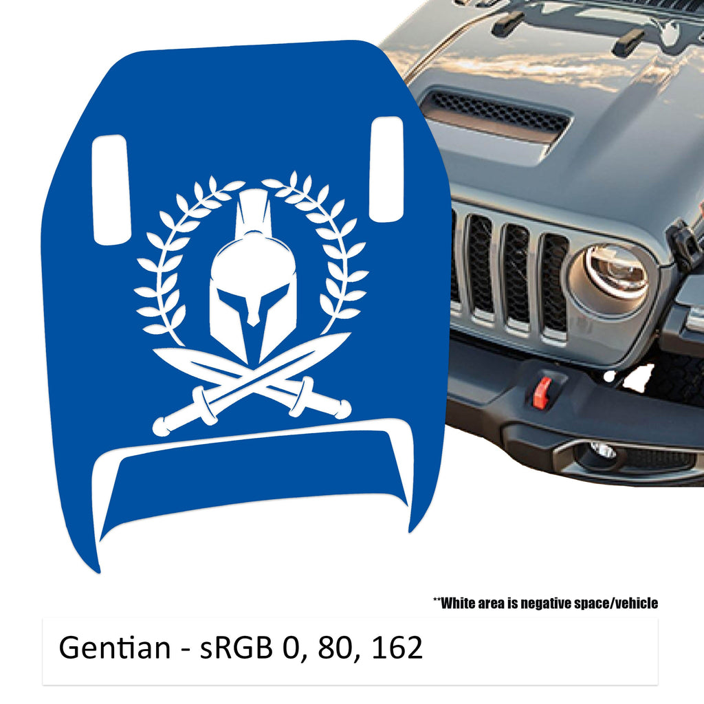 Gentian blue Spartan Wreath Clawed Foot JL JT Mojave hood decal on Jeep Wrangler hood