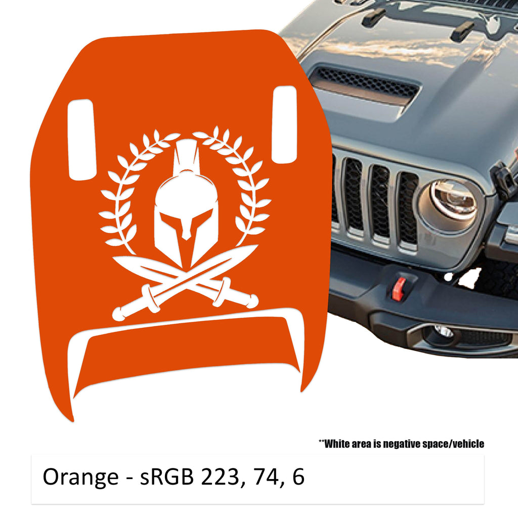 Orange Spartan Wreath Clawed Foot JL JT Mojave hood decal shown on Jeep Wrangler hood panel