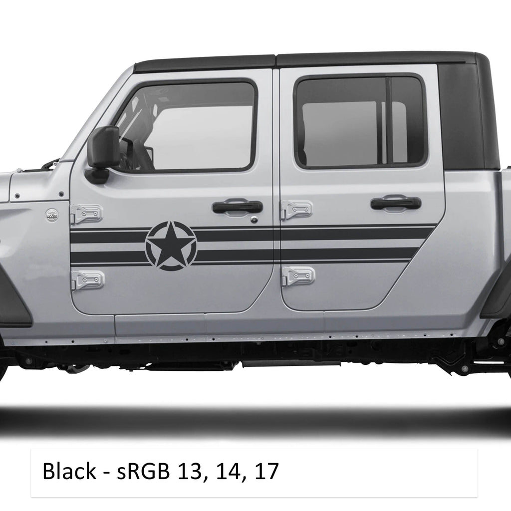 Black star and stripe side door panel decal set fits Jeep Wrangler JLU and Gladiator JT