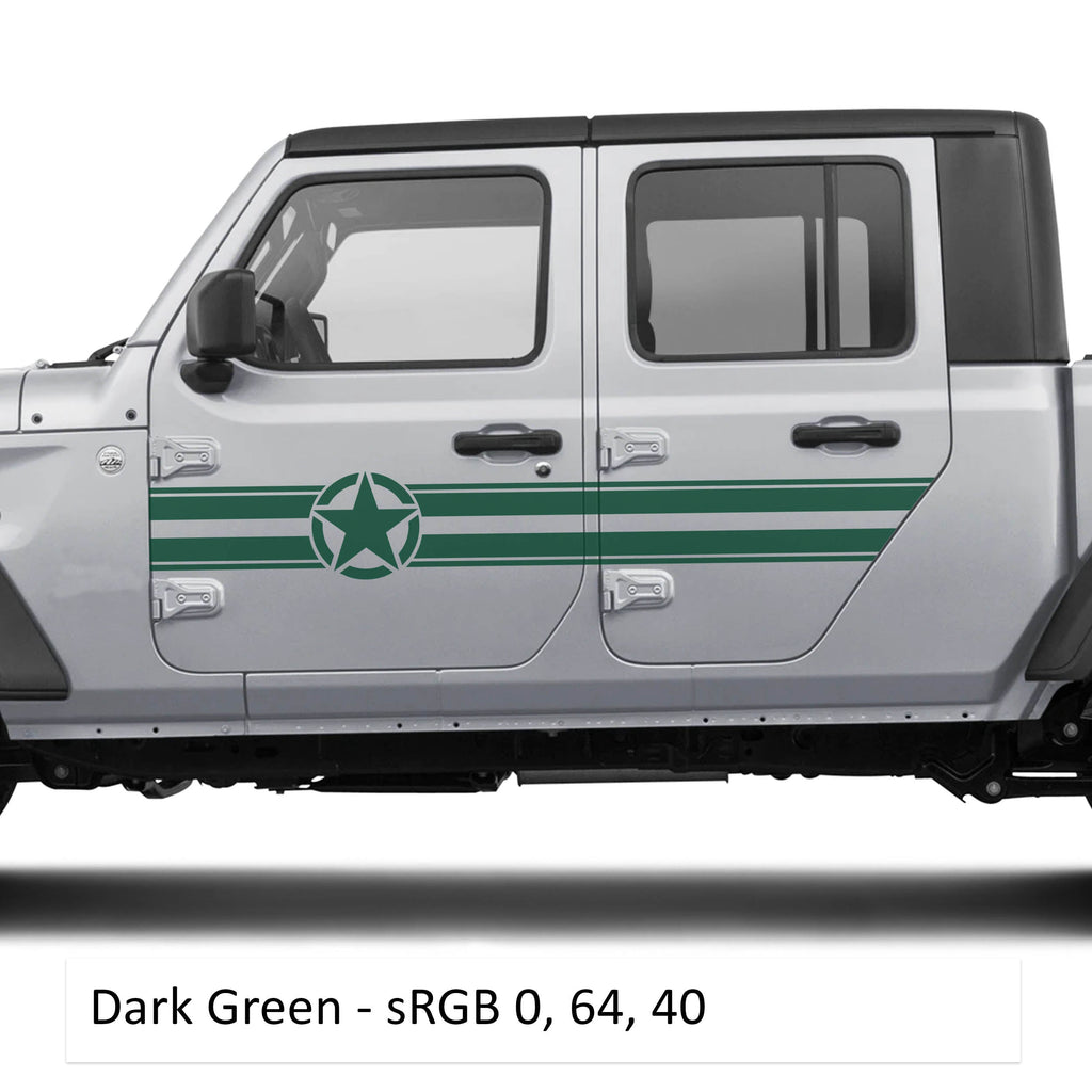 Dark green army star and stripe door panel decals shown for Jeep Wrangler JLU and Gladiator JT
