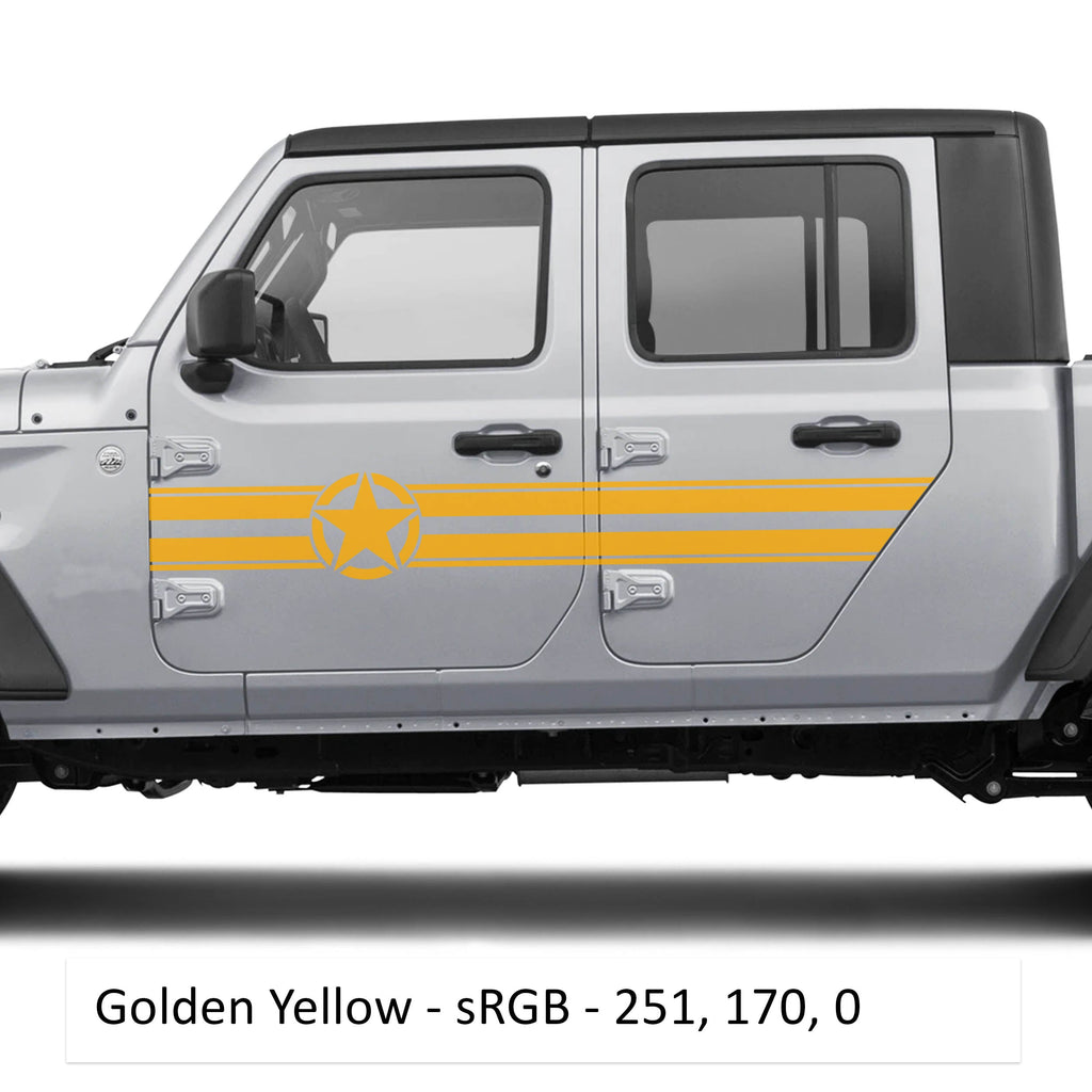Gold yellow star and bar stripe side door decal kit for Jeep Wrangler JLU and Gladiator JT 2018+