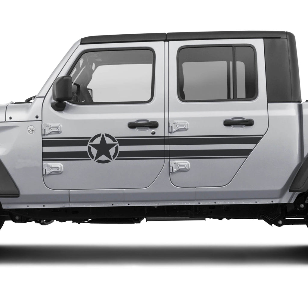 Black military star and bar stripe door panel decal kit shown on silver Jeep Gladiator four door