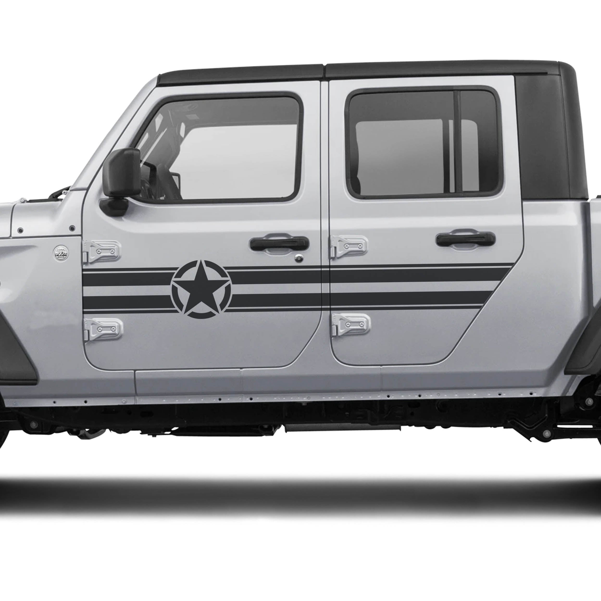 Black military star and bar stripe door panel decal kit shown on silver Jeep Gladiator four door