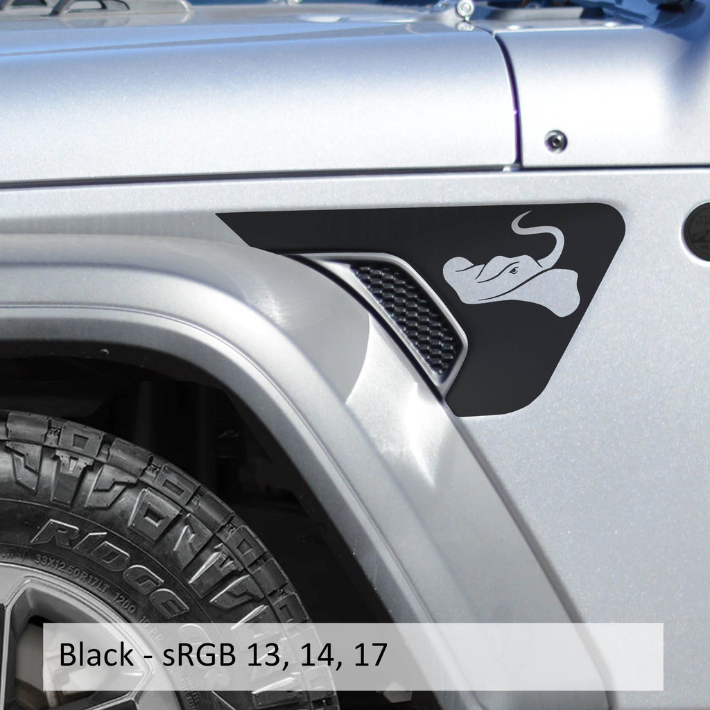 Black Sting-Gray manta ray fender vent decal pair shown flat for Wrangler JL JLU and Gladiator JT