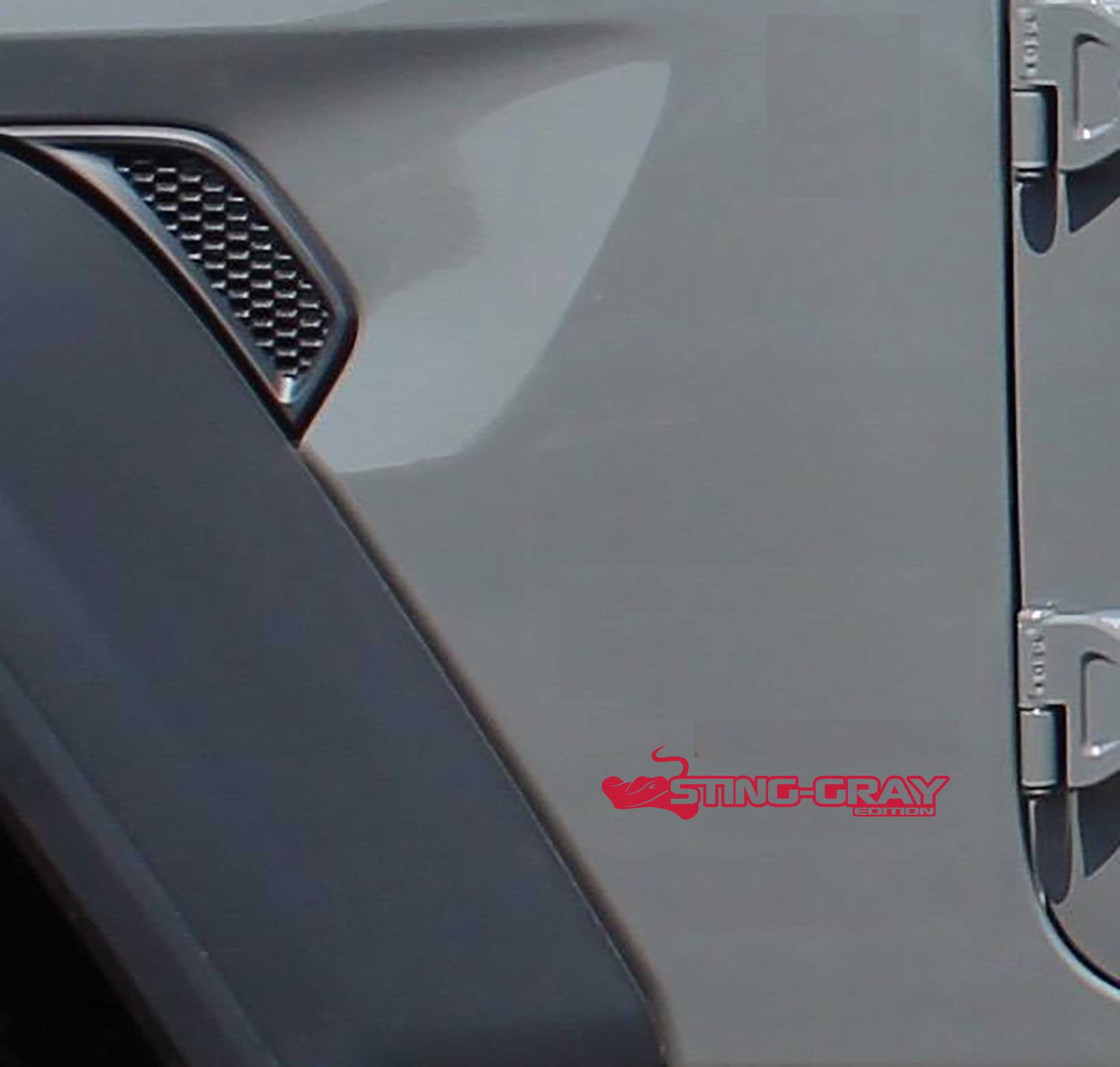 Sting-Gray Edition fender decal pair in red vinyl with stingray head and edition text