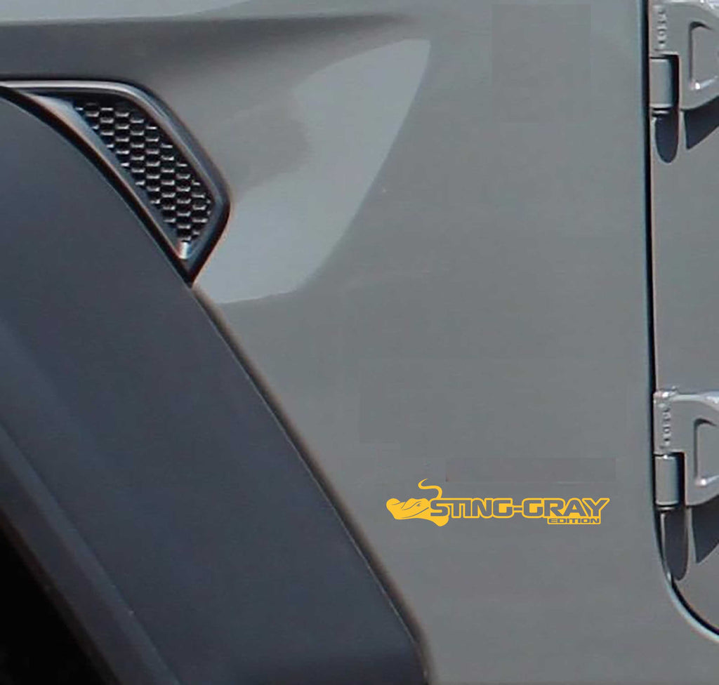 Sting-Gray Edition fender decal pair in yellow vinyl with stingray head and edition text