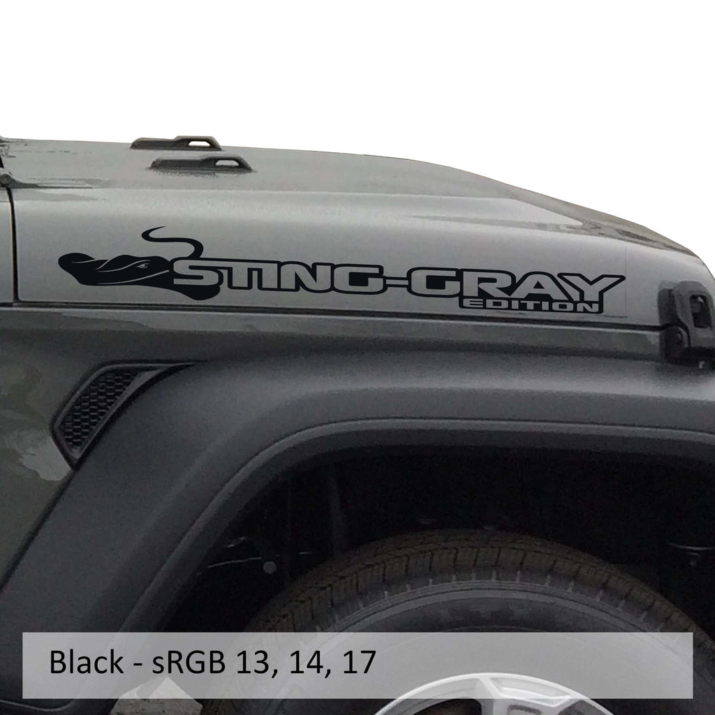 Black Sting-Gray Edition hood decal pair color swatch for Jeep Wrangler side hood application