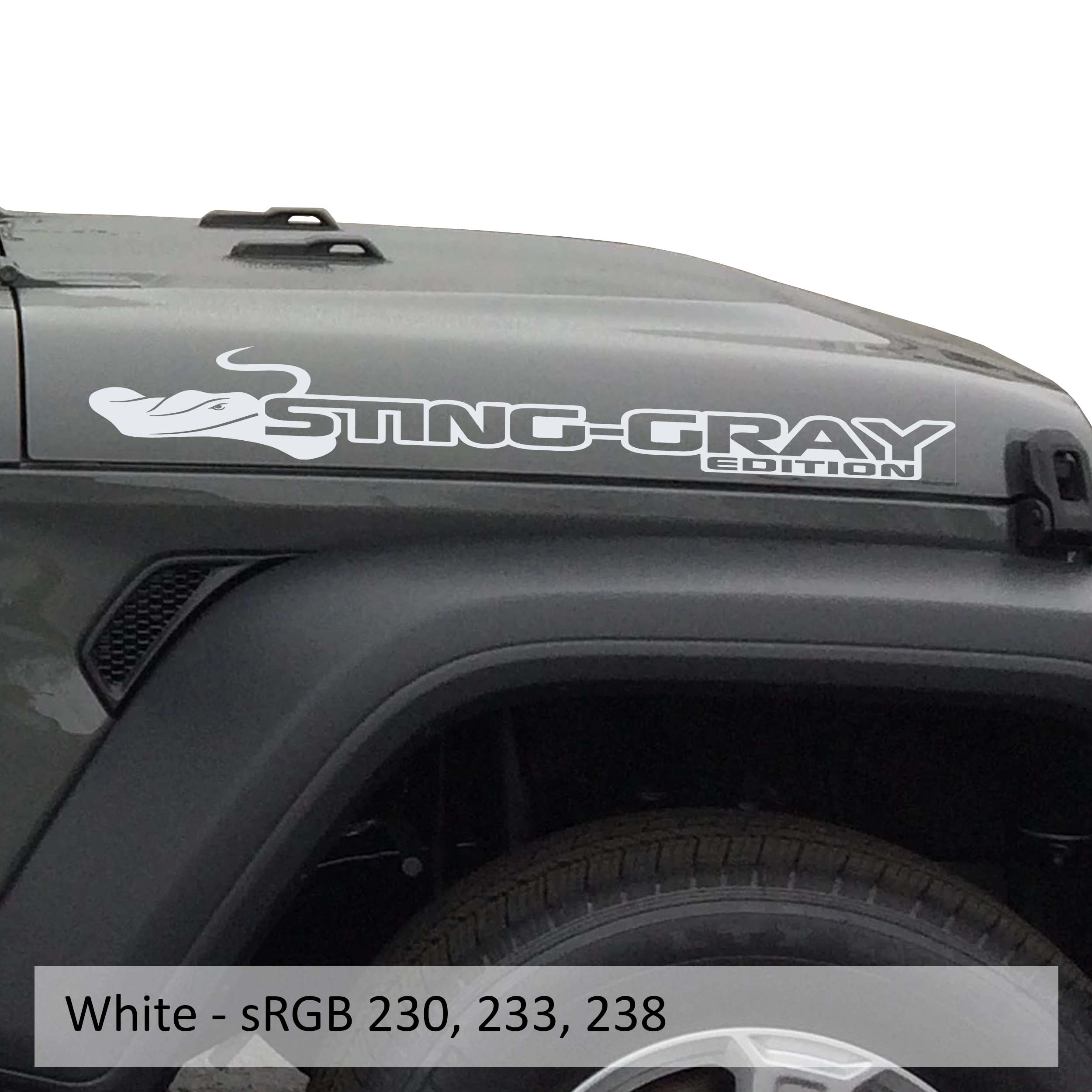 White Sting-Gray Edition hood decal pair color swatch for Jeep Wrangler side hood application