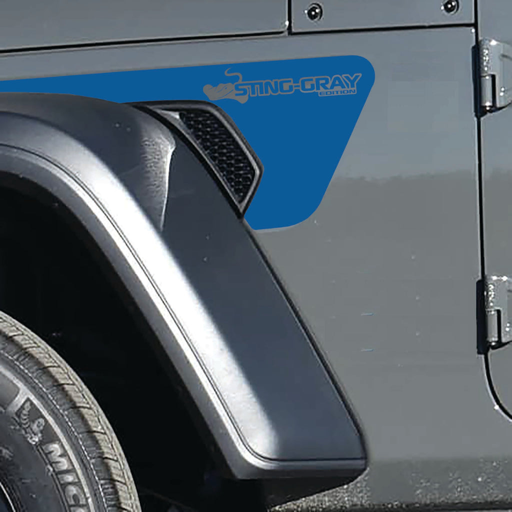 Sting-Gray Edition Jeep fender vent decal pair in azure blue vinyl with stingray edition badges