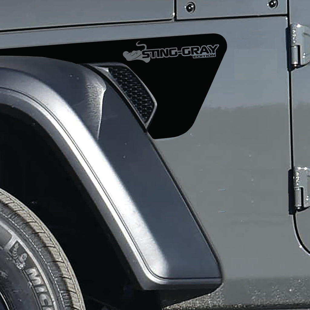 Sting-Gray Edition Jeep fender vent decal pair in black vinyl with stingray edition badges