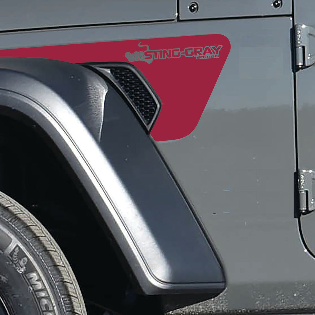 Sting-Gray Edition Jeep fender vent decal pair in dark red vinyl with stingray edition badges