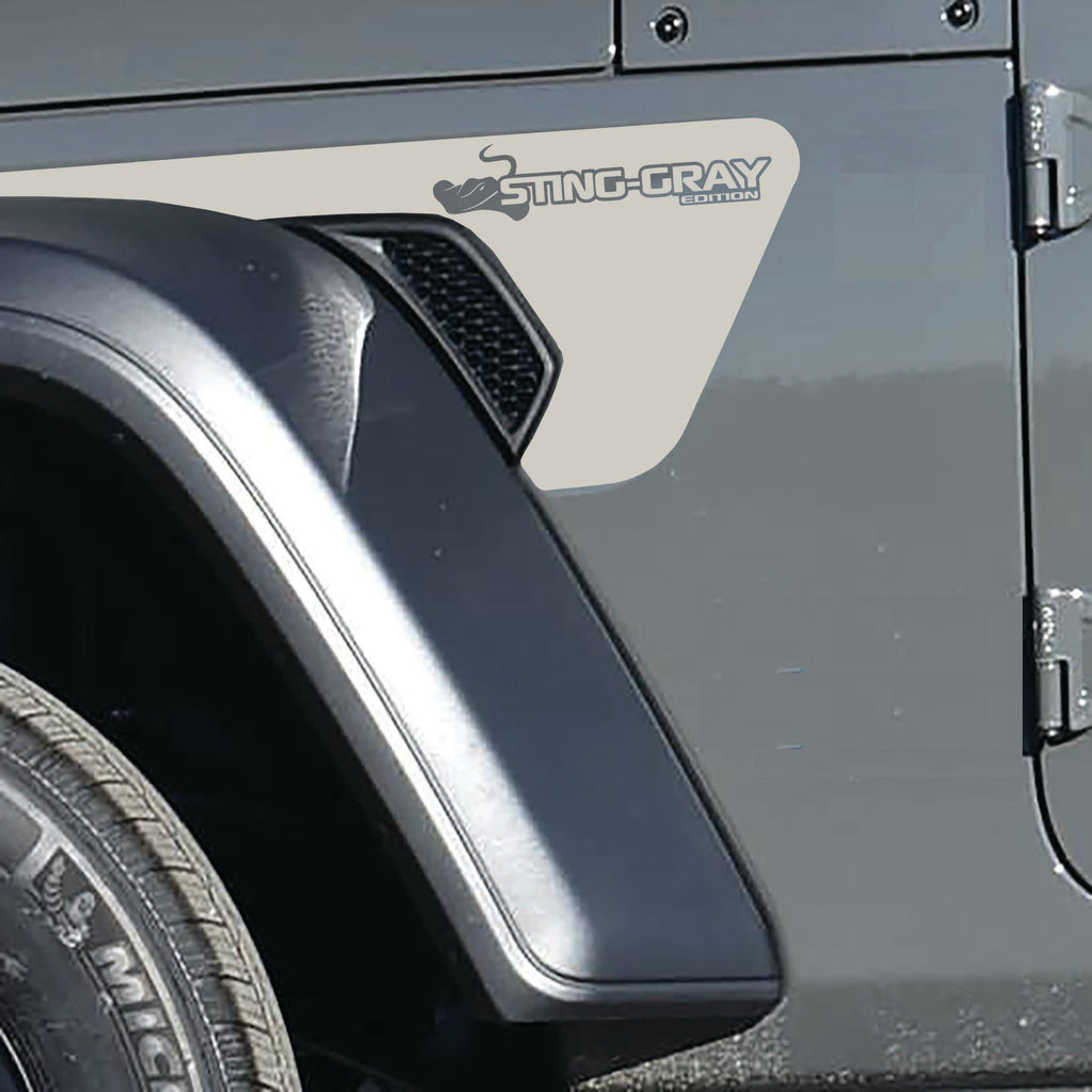 Sting-Gray Edition Jeep fender vent decal pair in light gray vinyl with stingray edition badges