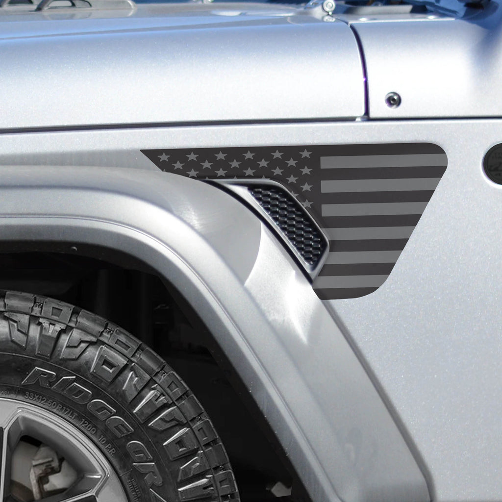 Black subdued American flag vent decal installed on silver Jeep Wrangler JL fender showing real fitment