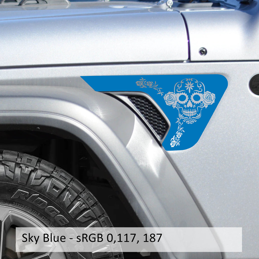 Dia de los Muertos Sugar Skull Fender Vent Vinyl Decal for Jeep Wrangler JL and Gladiator JT 2018 and Newer Festive Custom Design