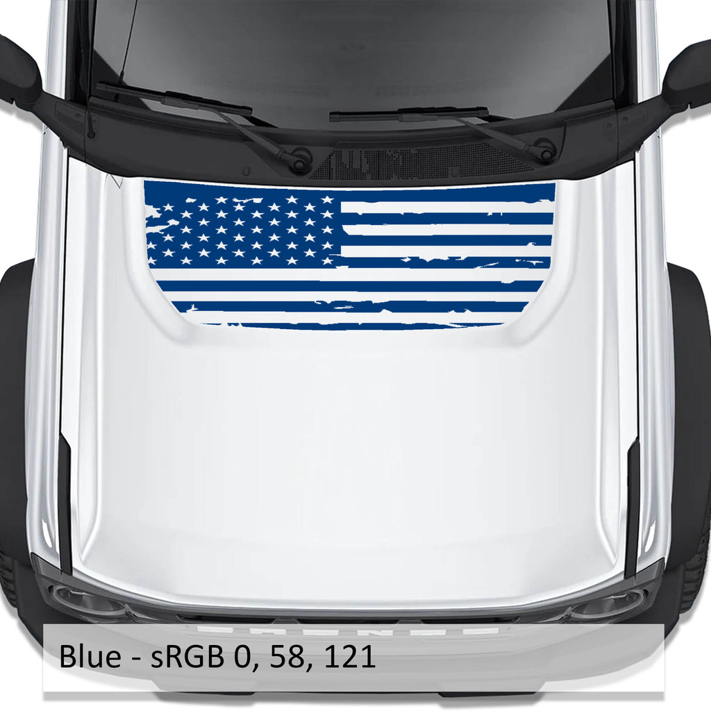 Blue tattered American flag blackout hood vinyl decal shown installed on white Ford Bronco 2021 plus