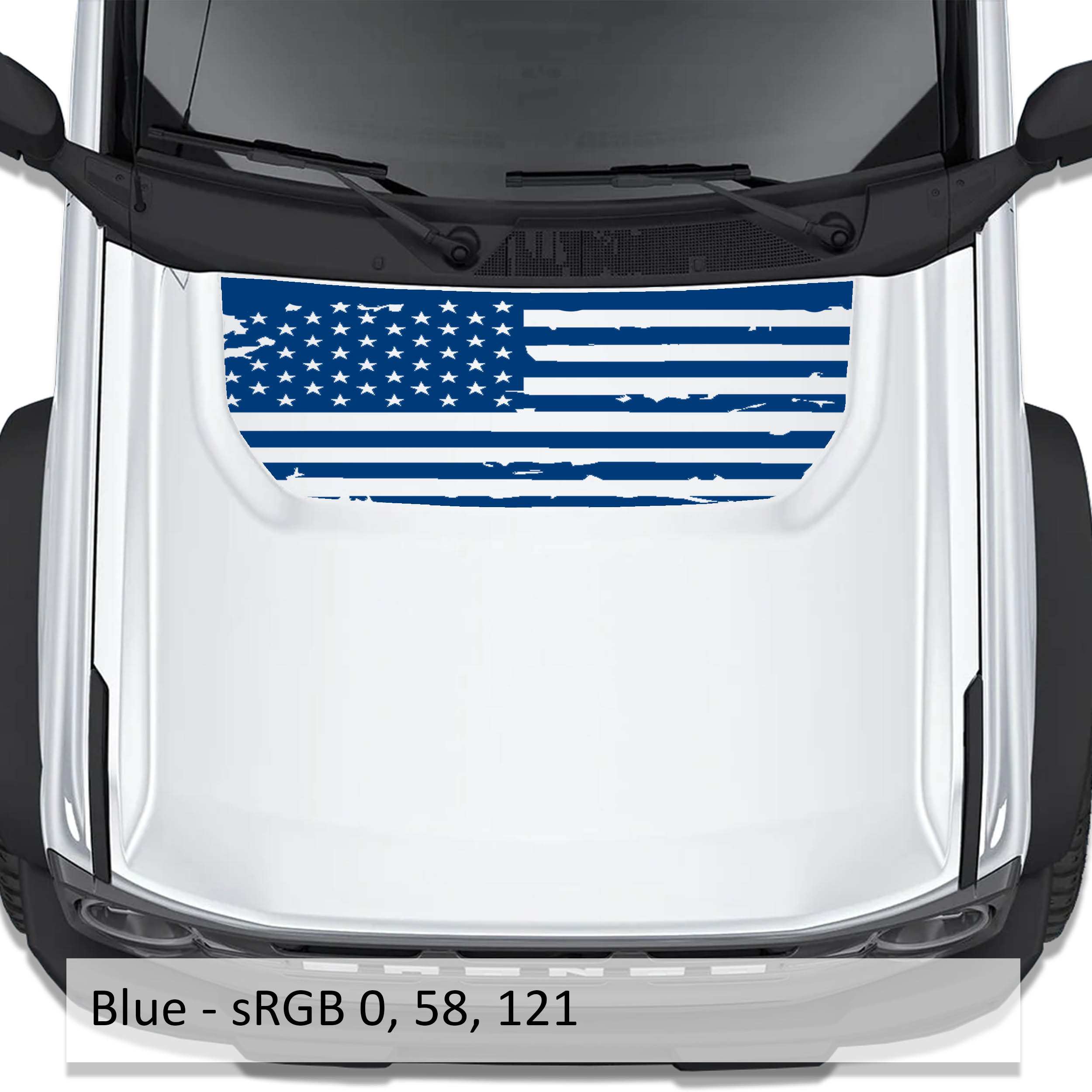 Blue tattered American flag blackout hood vinyl decal shown installed on white Ford Bronco 2021 plus