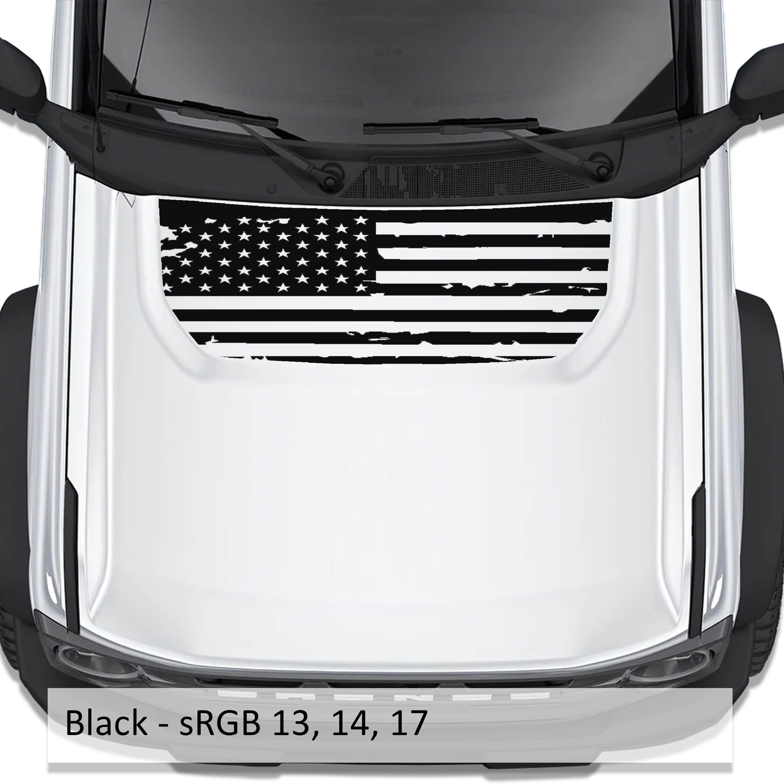 Black tattered American flag blackout hood vinyl decal installed on white Ford Bronco 2021 plus