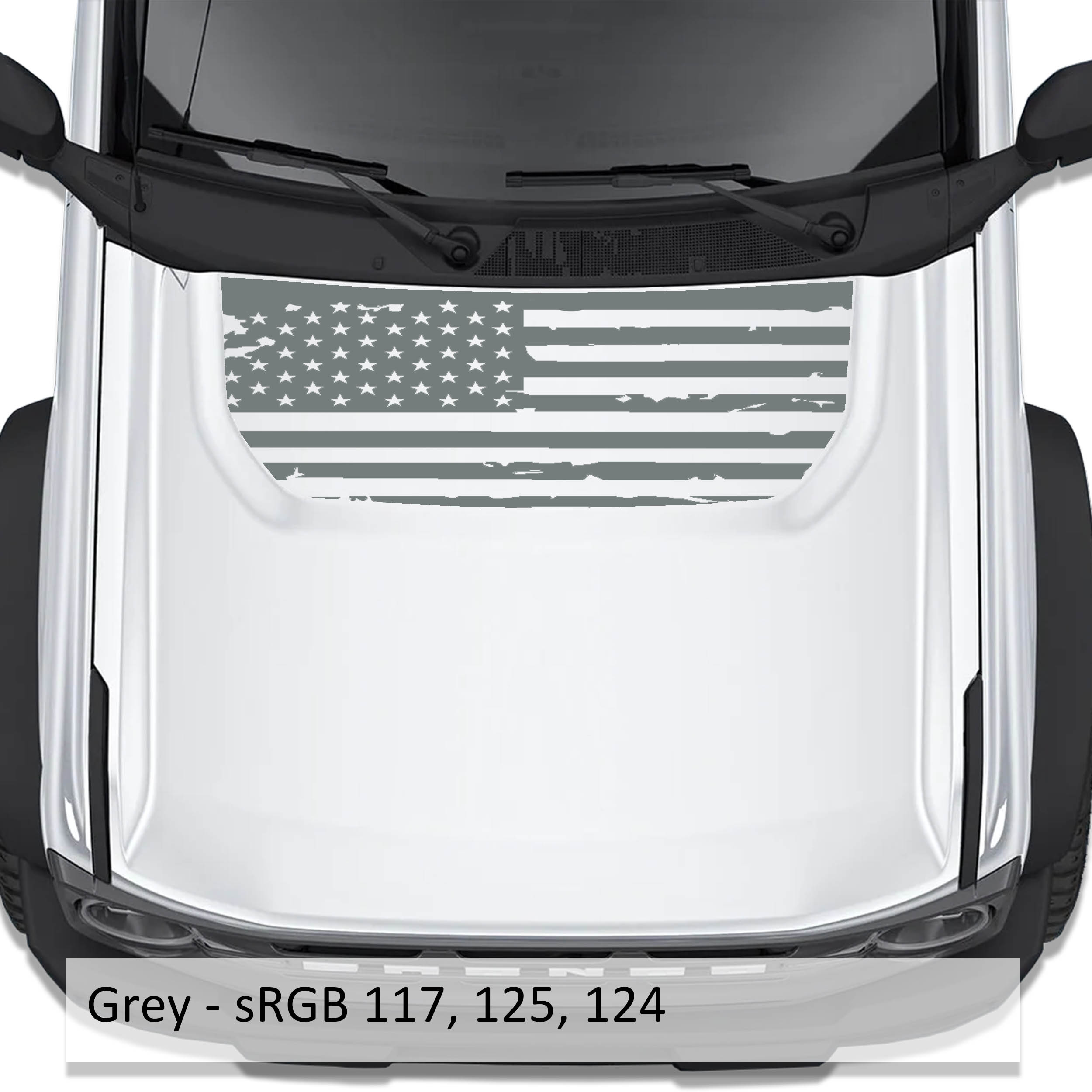 Tattered American Flag blackout hood vinyl decal in gray shown installed on the hood of a 2021+ Ford Bronco
