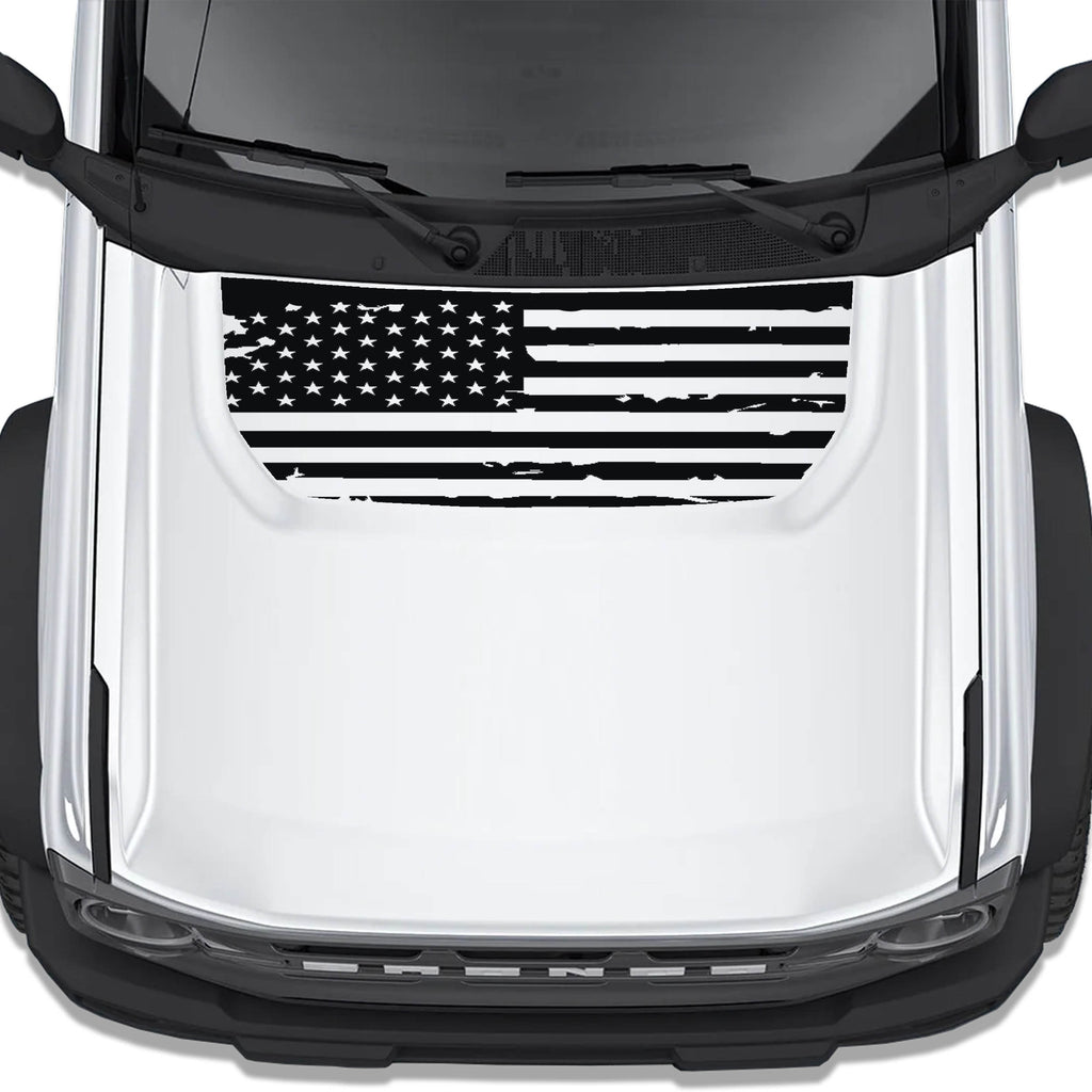 Black tattered American flag hood decal shown installed on white Ford Bronco hood top down view