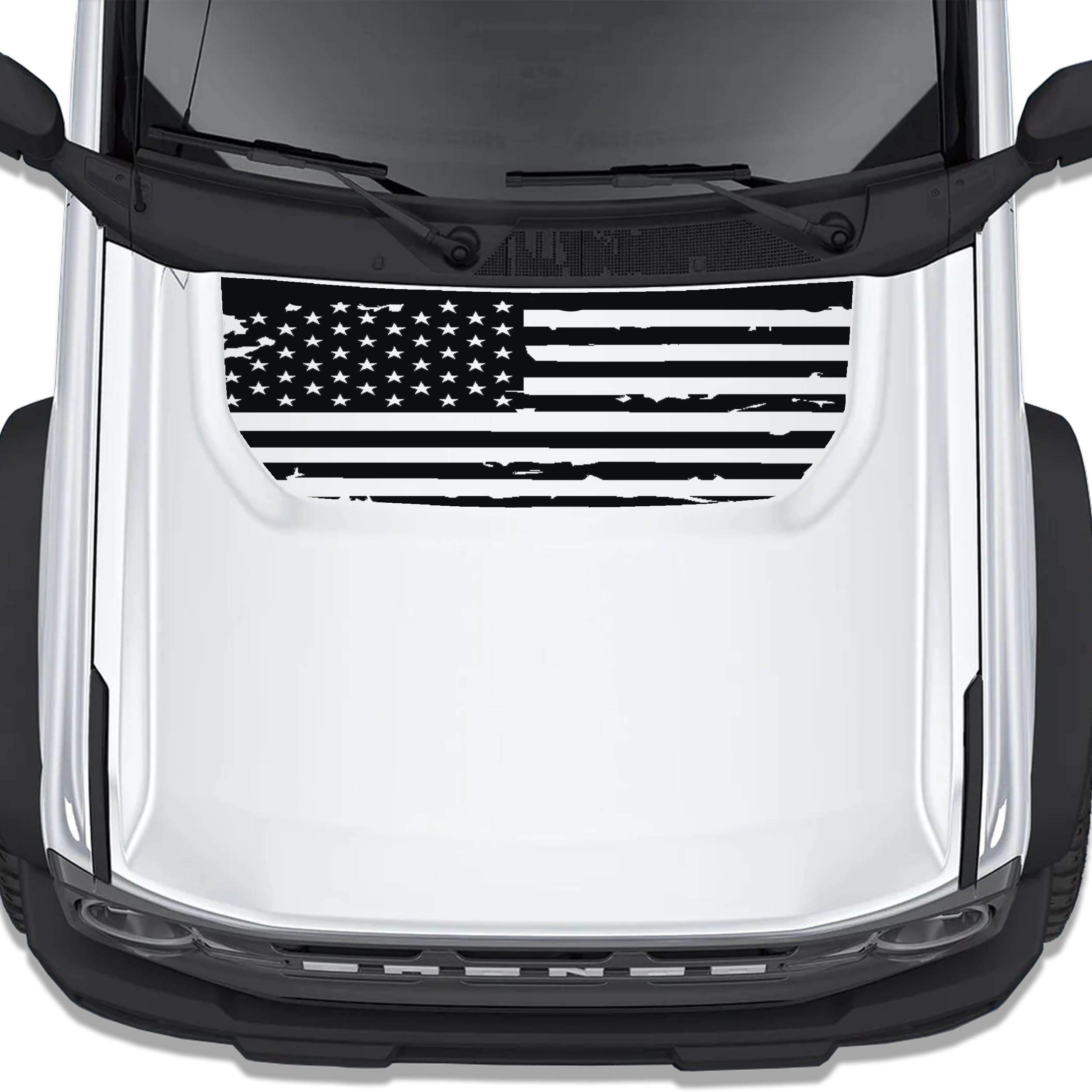 Black tattered American flag hood decal shown installed on white Ford Bronco hood top down view