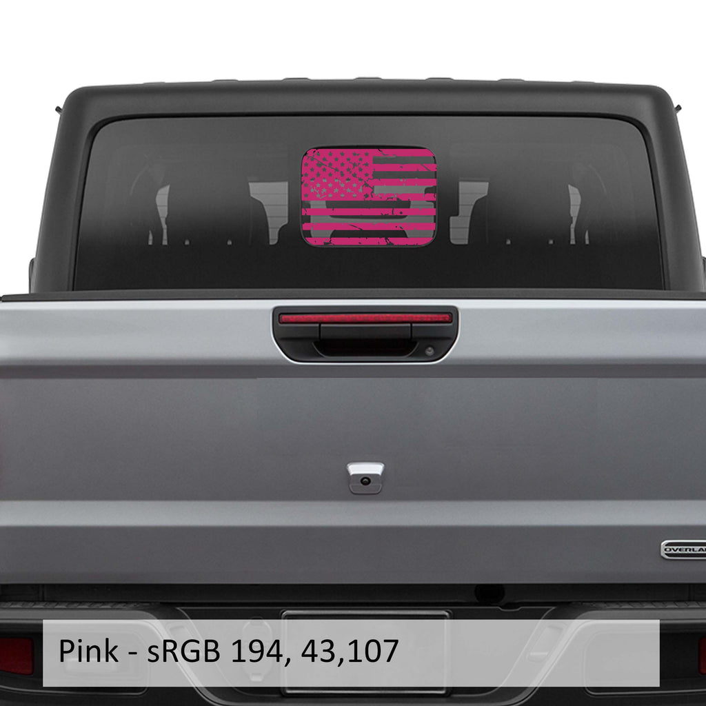 Pink distressed American flag decal applied to JT Gladiator rear sliding hard top window