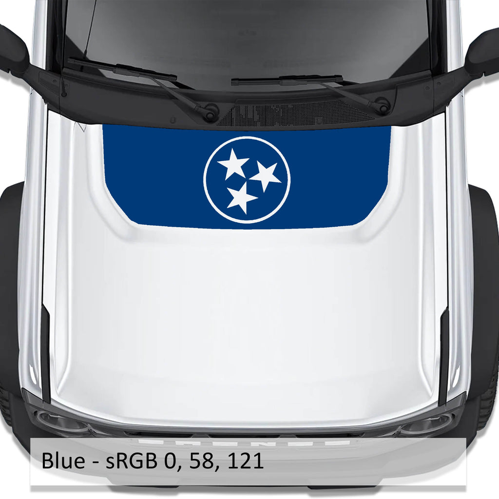 Tennessee Flag blackout hood vinyl decal in blue shown installed on the hood of a 2021+ Ford Bronco