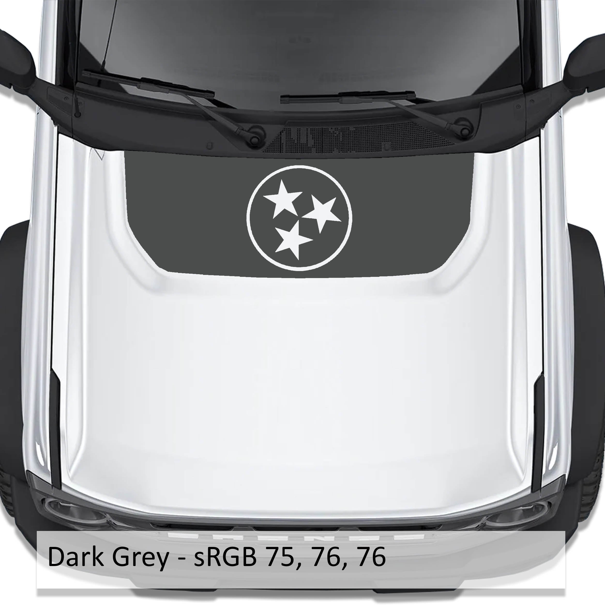 Tennessee Flag blackout hood vinyl decal in dark gray shown installed on the hood of a 2021+ Ford Bronco