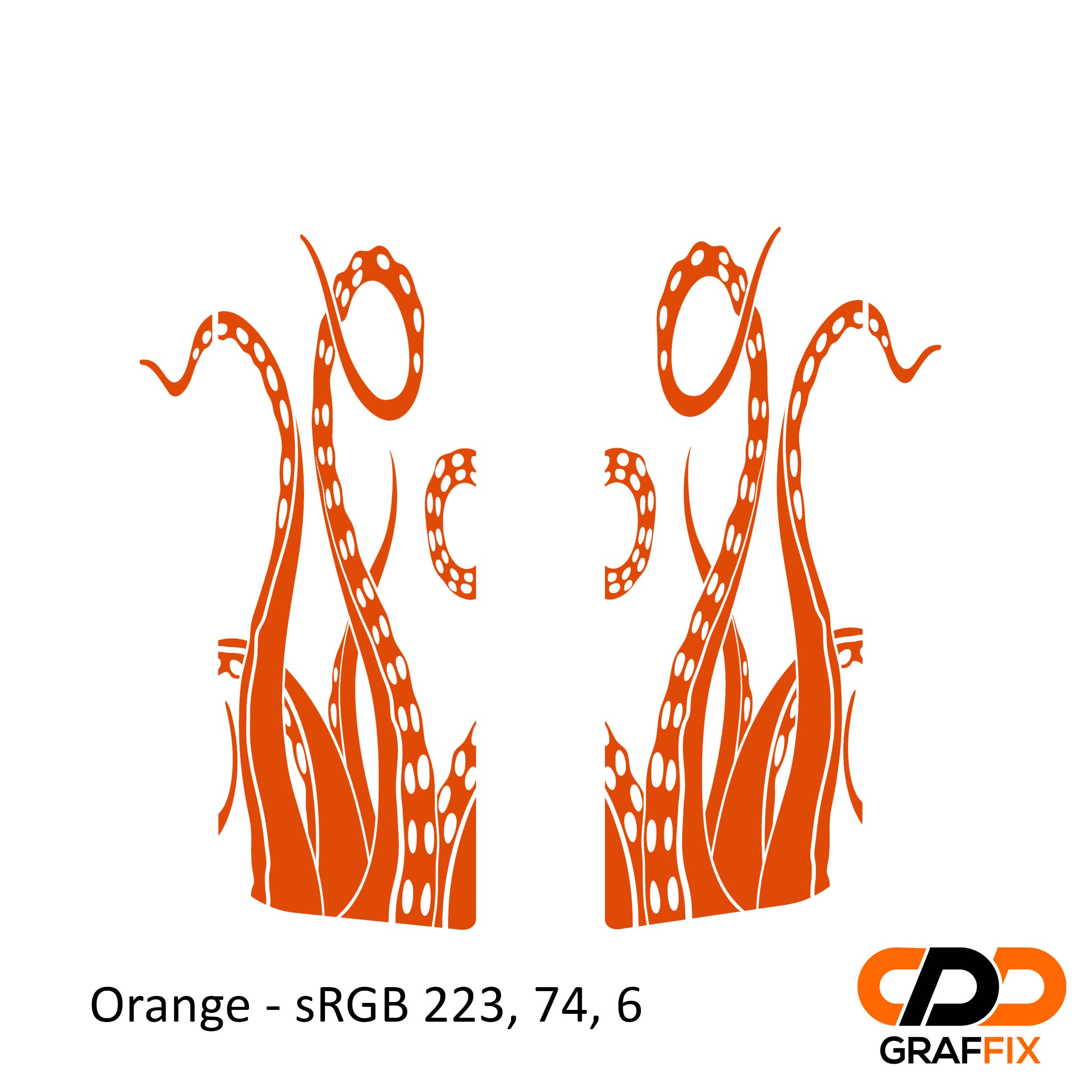 Orange octopus tentacle pattern side rear window decal pair shown for Jeep Wrangler JKU four door