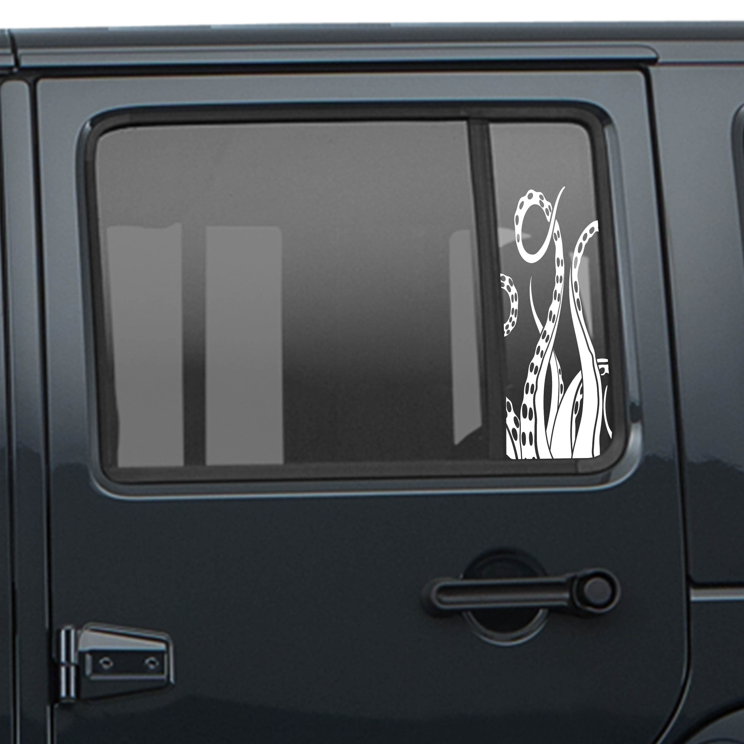 White octopus tentacle pattern side window vinyl decal applied to a black Jeep Wrangler JKU rear door window