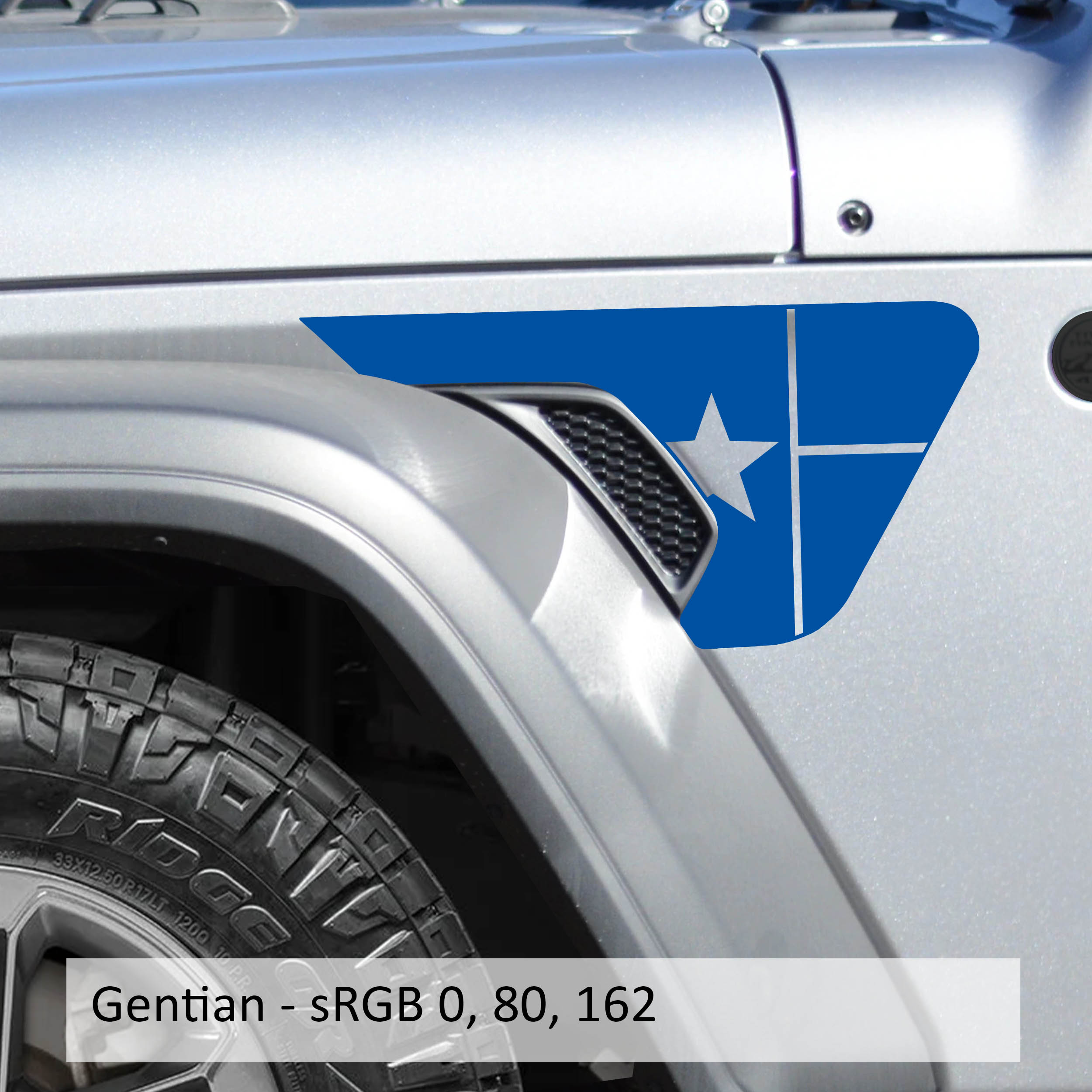 Gunmetal Texas Lone Star flag vinyl decal applied to Jeep JL JT billet fender vent closeup