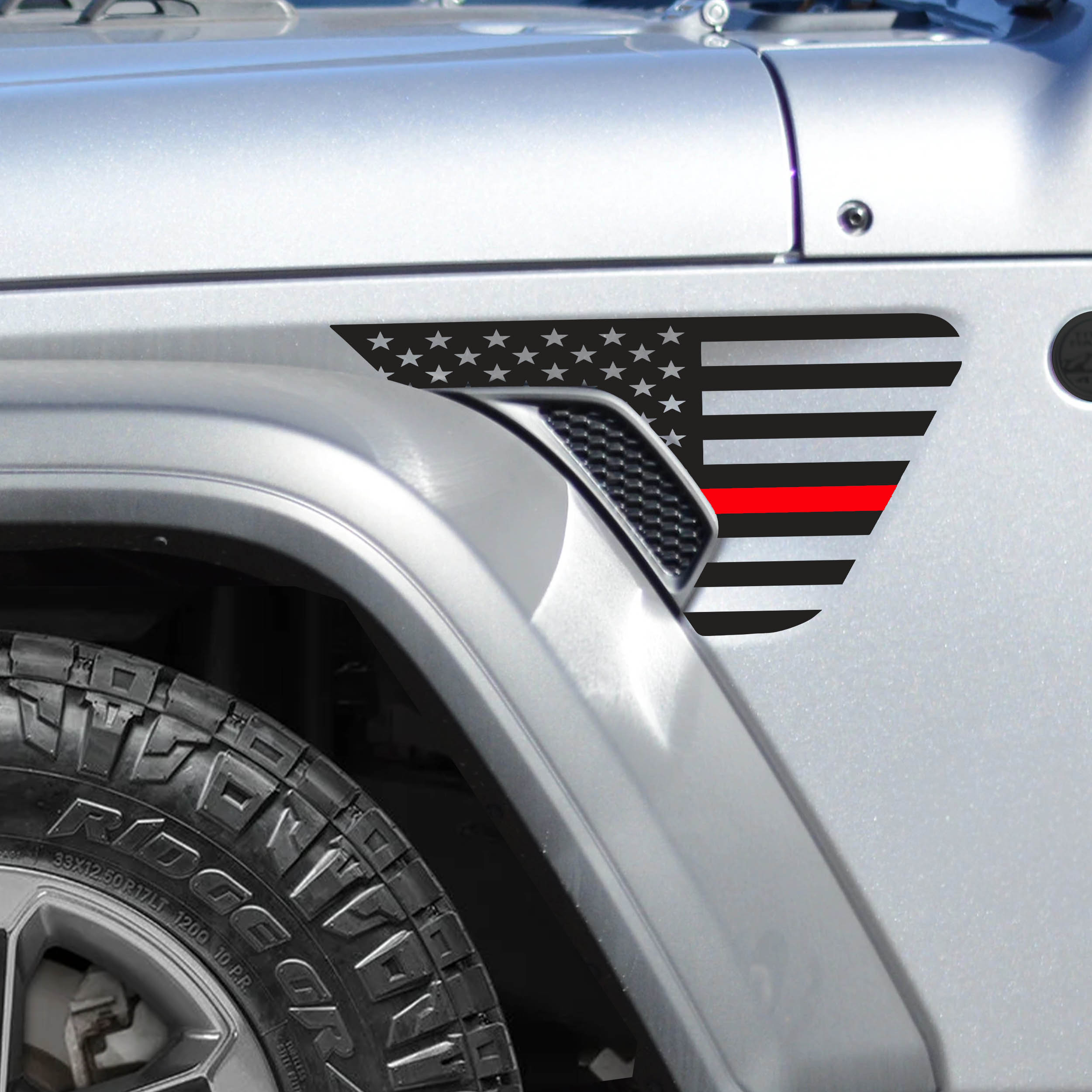 Thin red line American flag fender vent decal pair shown flat for Jeep Wrangler JL and Gladiator JT