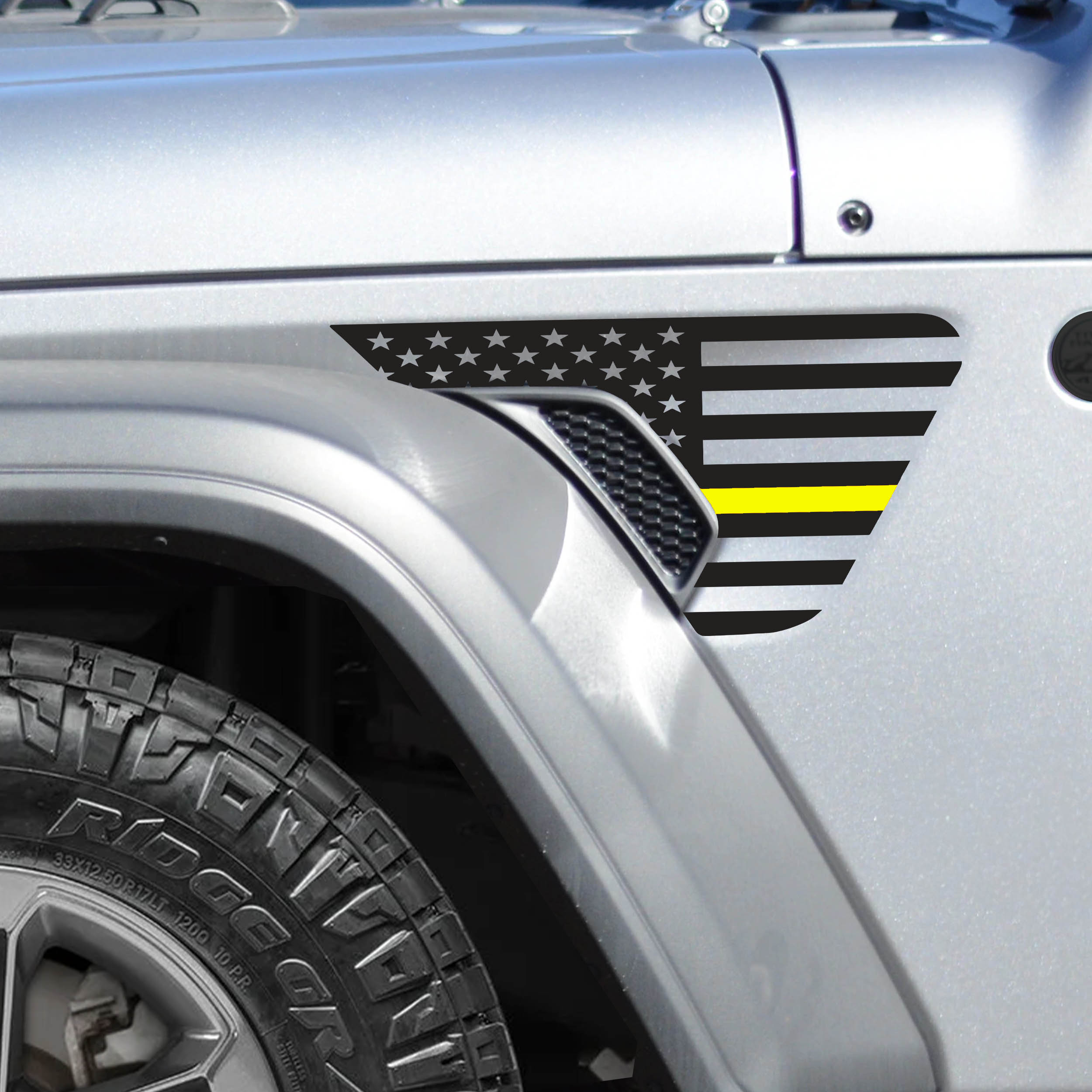 Thin yellow line American flag fender vent decal pair shown flat for Jeep Wrangler JL and Gladiator JT