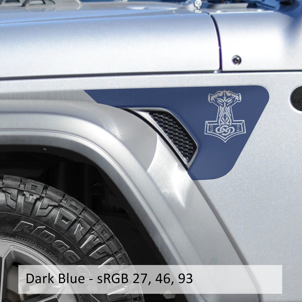 Dark blue Norse Mjolnir Thors Hammer billet fender vent transfer decal on JL Wrangler fender
