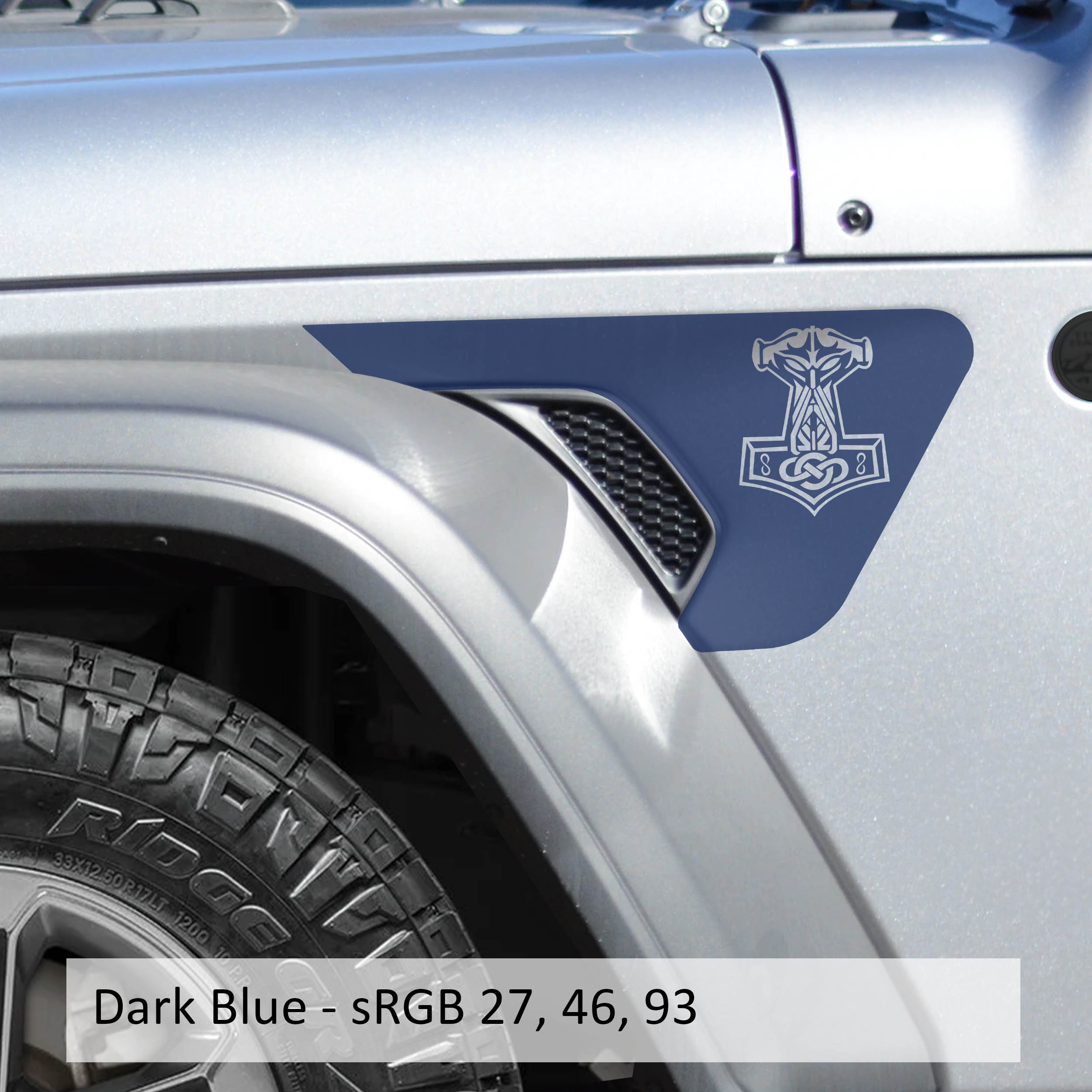Dark blue Norse Mjolnir Thors Hammer billet fender vent transfer decal on JL Wrangler fender