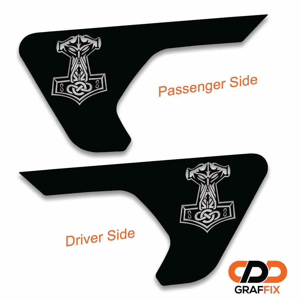 Default Norse Mjolnir Thors Hammer billet fender vent transfer decal on JL Wrangler fender